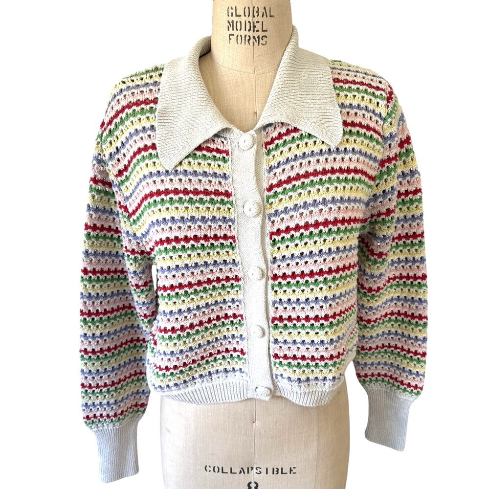 Zara Bright Rainbow Stripe Cardigan Polo Sweater Size Medium